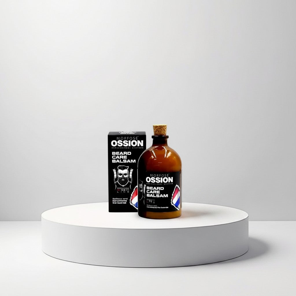 cosmetigo.be Morfose Ossion baardverzorgingsbalsem in amberkleurige fles met kurken dop. Verzacht en conditioneert baardharen.