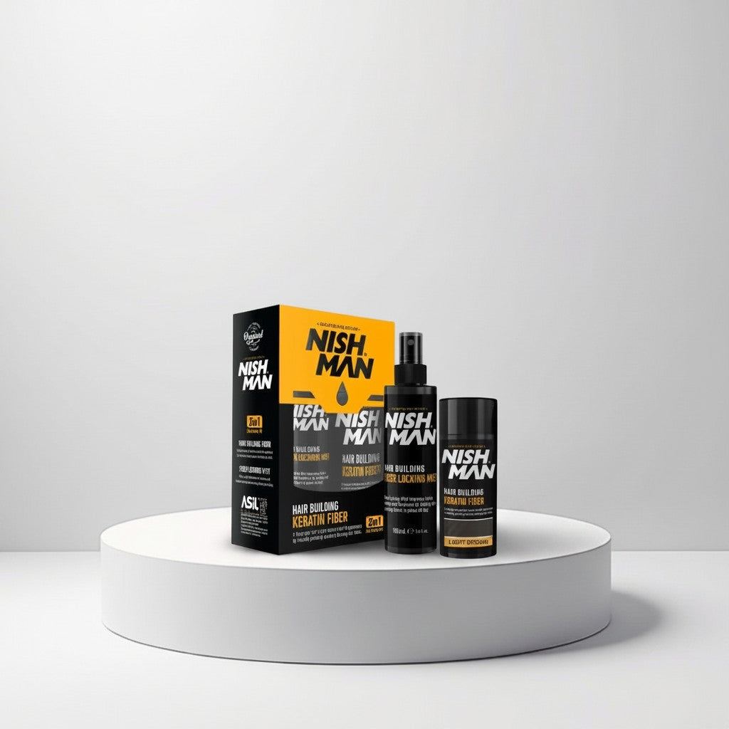 Cosmetigo.be Nish Man 2-in-1 hair building fiber and fixing mist set in light brown for fuller-looking hair.