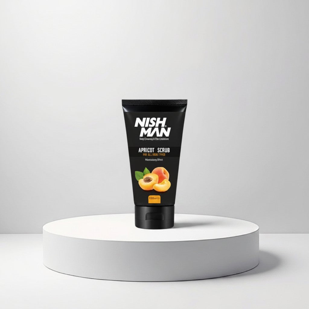 cosmetigo.be Nishman Apricot Scrub tube met abrikozenafbeelding, voor diepe reiniging en huidexfoliatie.