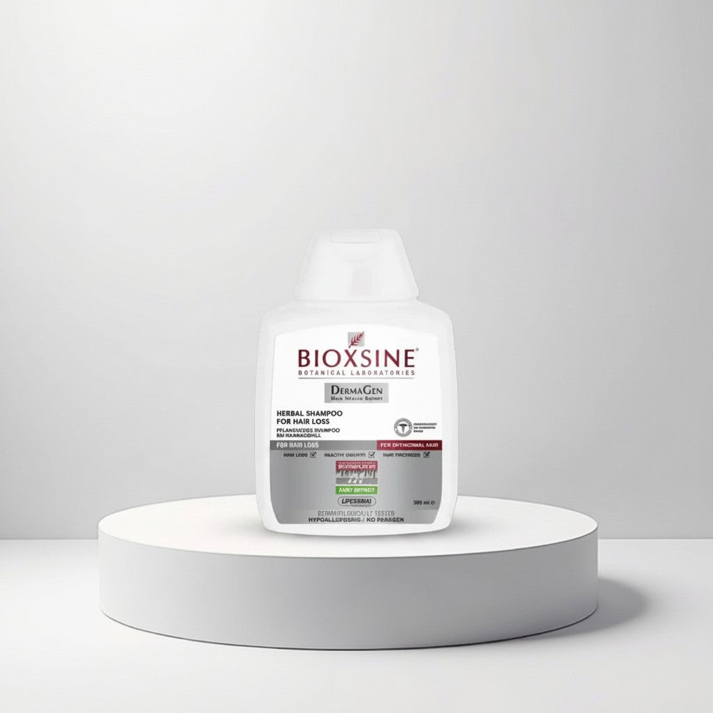Cosmetigo.be Bioxsine Herbal Shampoo for Hair Loss, 300ml bottle on a white pedestal. Formulated with DermaGen for healthy growth and hair thickness.