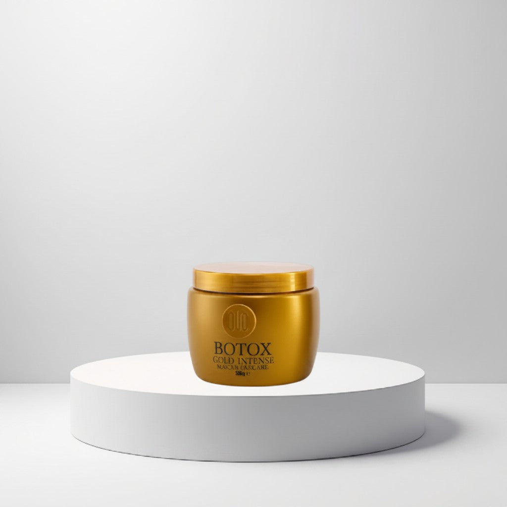 cosmetigo.be Botox Gold Intense Haarmasker 750ml pot met gouden glans, voor intensieve voeding en herstel van beschadigd haar.