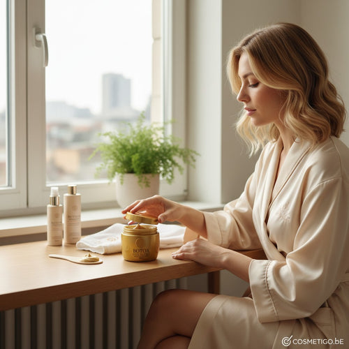 Vrouw in satijnen ochtendjas opent cosmetigo.be Botox Gold Intense Haarmasker pot met gouden deksel, naast flacons en handdoek.