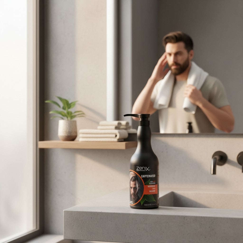 Zenix Professional Caffeinated Shampoo voor mannen in een zwarte pompflacon van 1000ml, met cafeïne voor haargroei stimulatie.