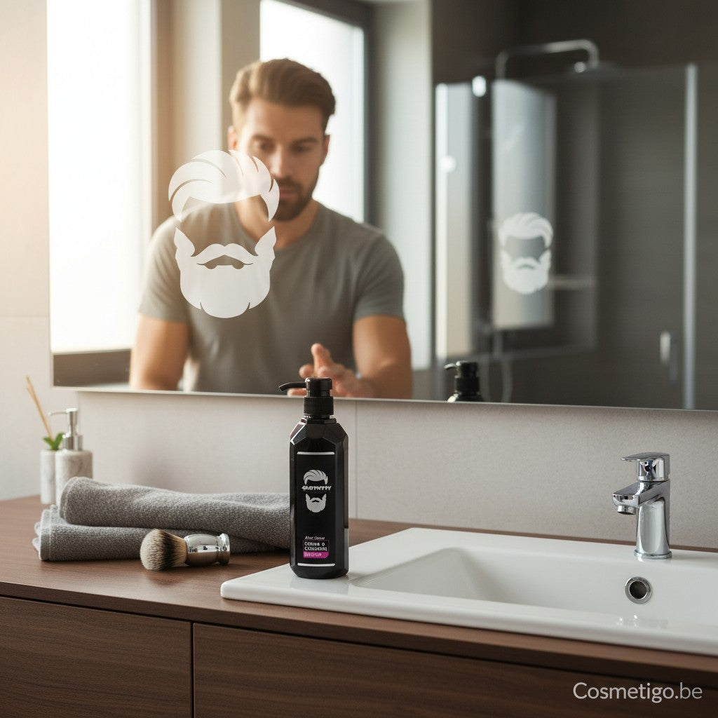 Cosmetigo.be Gummy Professional After Shave Crème & Cologne Exotic 250ml, a black pump bottle on a bathroom counter next to a sink and shaving brush.