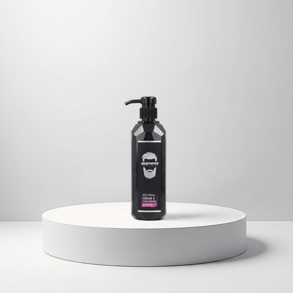 Gummy Professional After Shave Cream & Cologne Exotic in a black pump bottle with a white label featuring a beard graphic.
