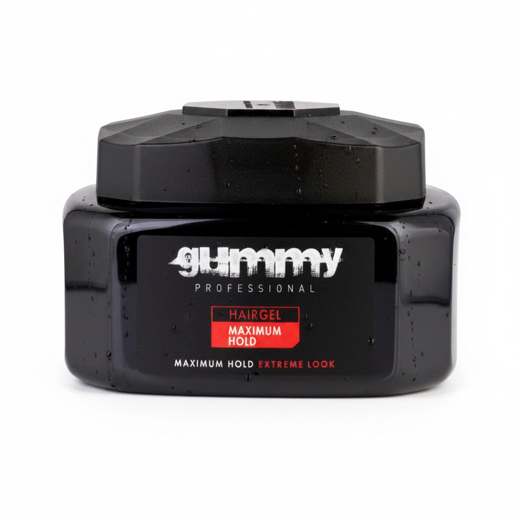 Zwarte pot Gummy Professional Haargel met maximale hold voor extreme looks, met een glanzende finish.