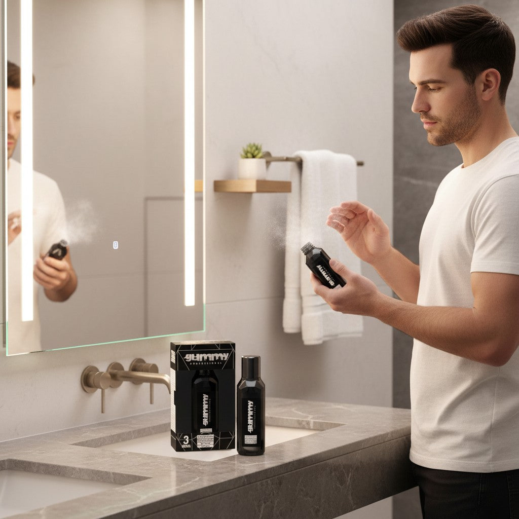 Man in witte T-shirt gebruikt Gummy Professional Powder Wax voor volume en textuur in zijn haar. Zwarte fles en verpakking.