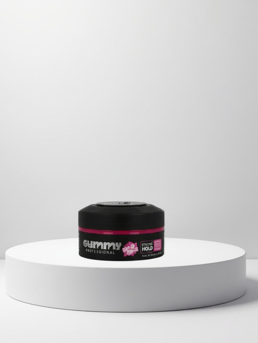 Cosmetigo.be Gummy Professional Styling Wax Gloss Extra Hold pot met roze en zwarte details, 100ml, voor glanzend en gefixeerd haar.