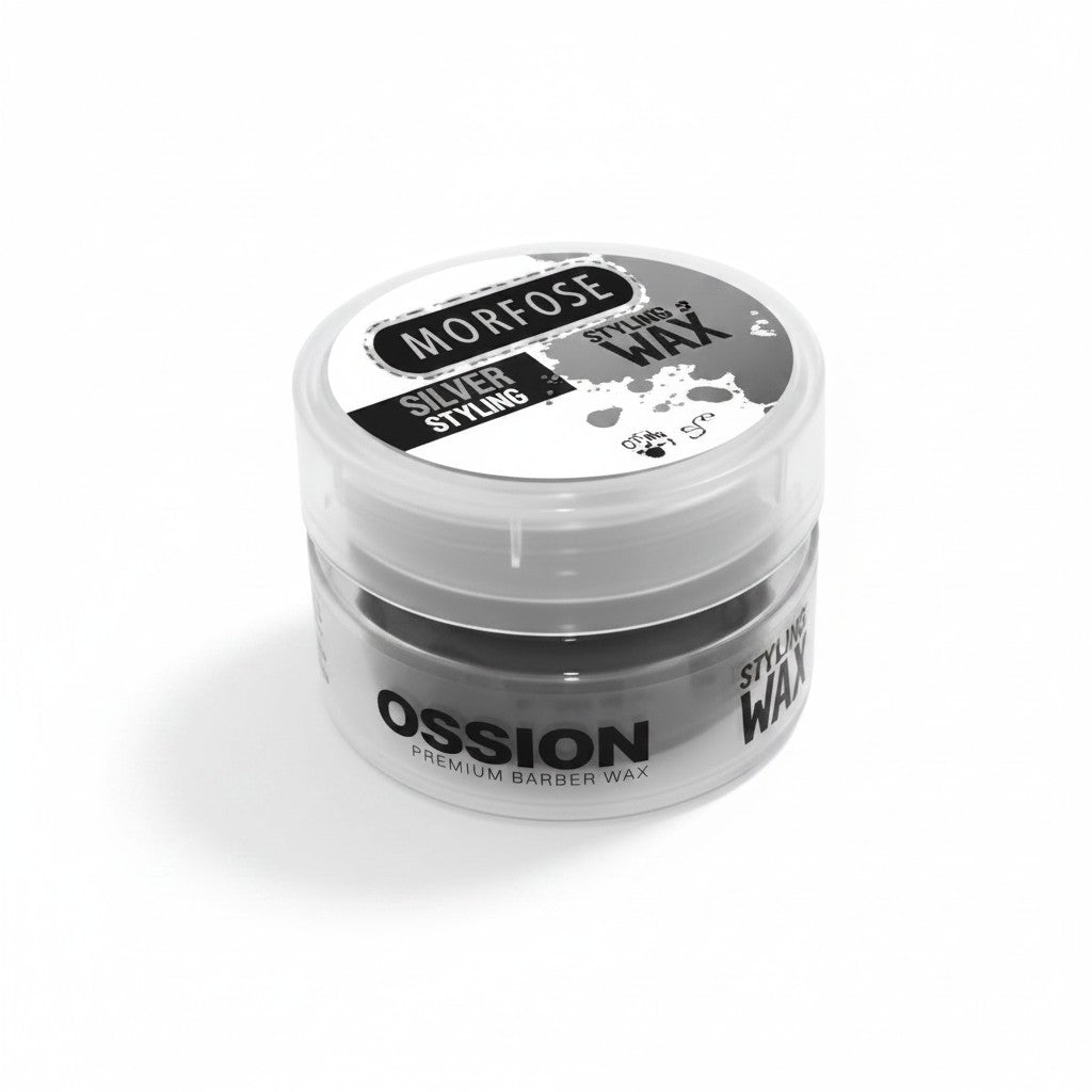 Ossion Morfose Silver Styling Haarkleur Wax 150ml pot met zilverkleurige wax voor tijdelijke haarkleur en styling.