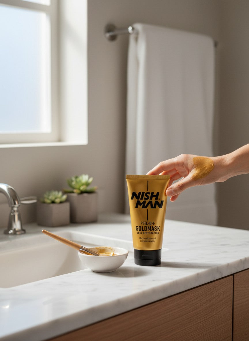 Nish Man Peel-Off Goldmask huidherstel met gouden textuur, 100ml tube en applicatiekwastje.