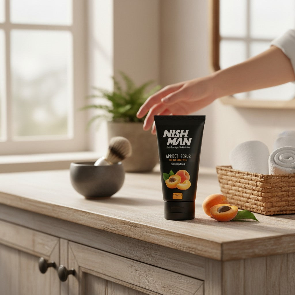 Nishman Apricot Scrub tube met abrikozen, voor diepe reiniging en exfoliatie van alle huidtypes.