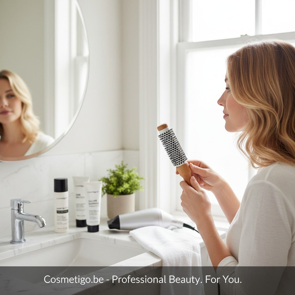 Blonde woman holding a medium Rodeo Professional 103 round brush with a wooden handle and ceramic barrel, preparing to style her hair.