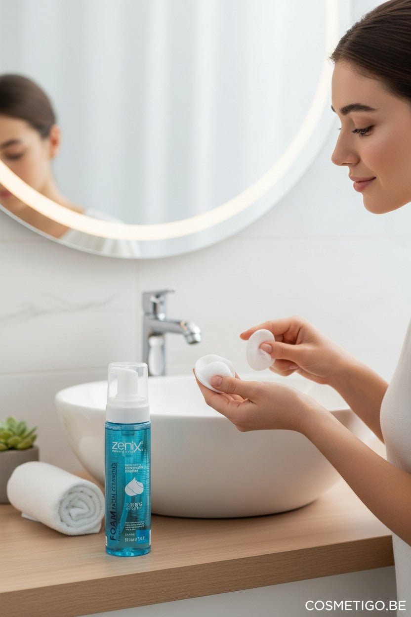 Zenix Professional gezichtsreinigingsschuim met vitamine E in een blauwe pompflacon, 200ml. Een vrouw bereidt zich voor om het product te gebruiken.