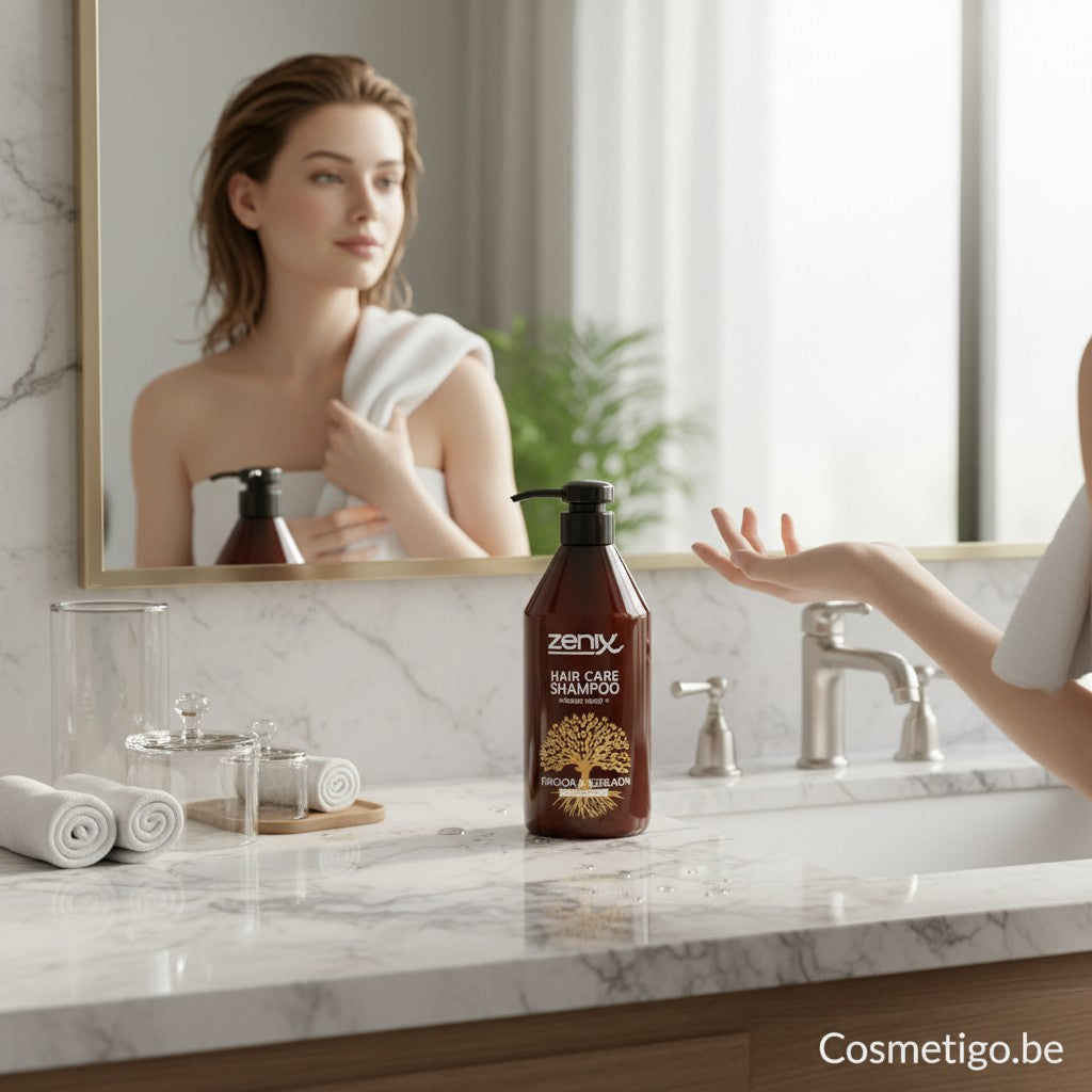 Zenix Professional haarverzorgende shampoo met argan en keratine in een bruine fles met pompdispenser, op een marmeren wastafel.