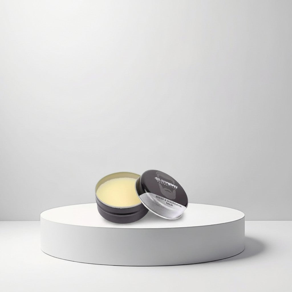 Cosmetigo.be Gummy Professional Beard & Moustache Balm in a black tin, yellow balm inside, for styling and hydration.