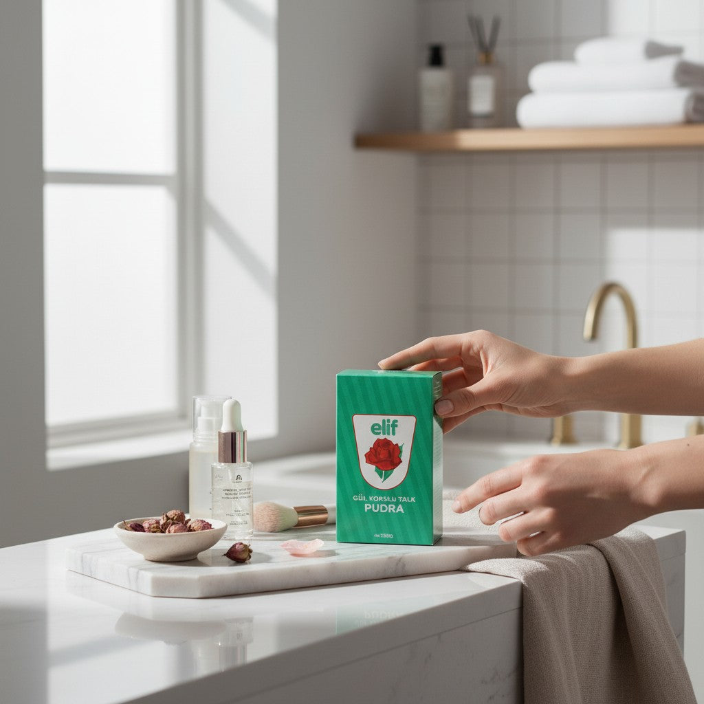 Elif Roosengeur Talkpoeder (250g) in a green box with a rose illustration, held by hands on a bathroom counter.