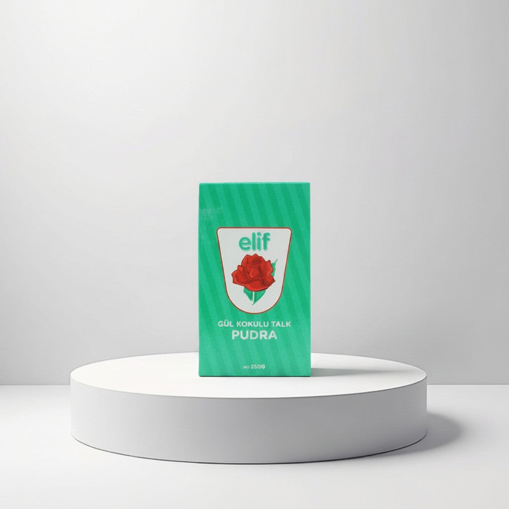 Elif Roosengeur Talkpoeder (250g) in a green package with a red rose illustration. This talcum powder offers freshness and softness with a rose scent.