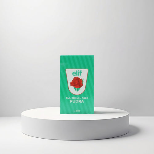 Elif Roosengeur Talkpoeder (250g) in a green package with a red rose illustration. This talcum powder offers freshness and softness with a rose scent.
