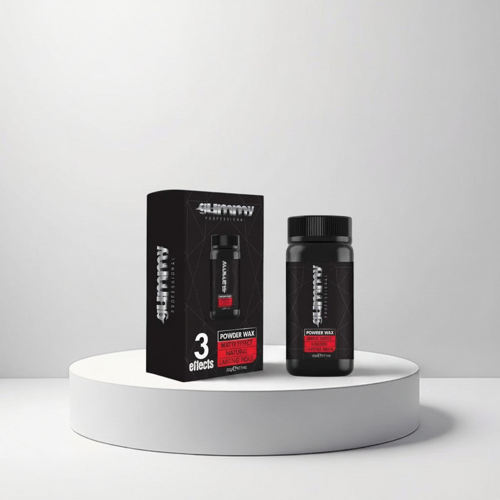 Gummy Professional Powder Wax Matte Effect hair styling product in a black bottle and box, offering natural hold and matte finish.