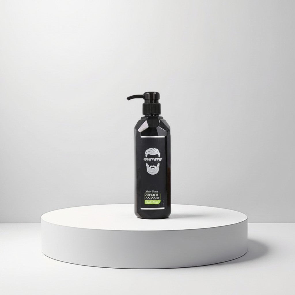 Gummy Professional After Shave Crème & Cologne in 'One Mile' scent, black pump bottle on a white pedestal.