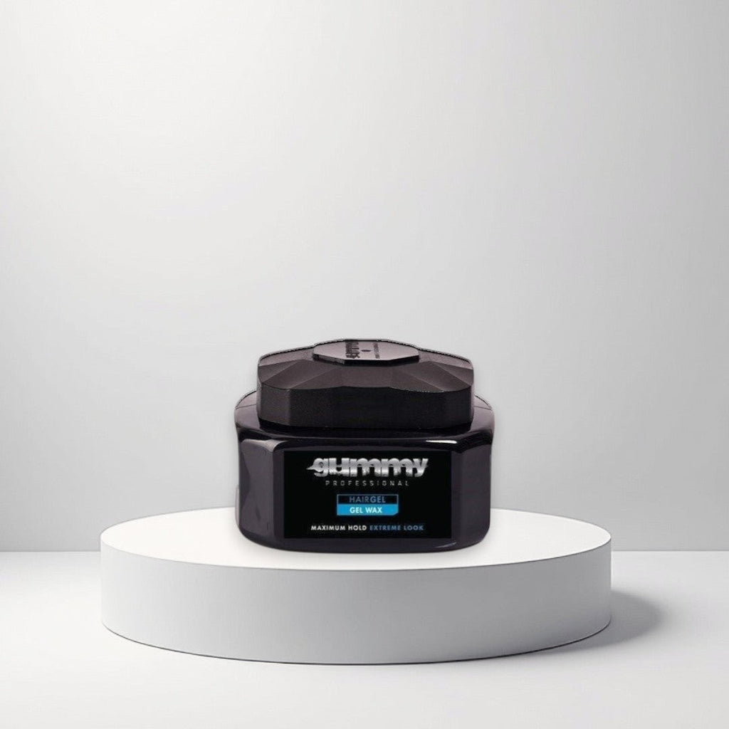 Gummy Professional Hairgel Gel Wax with maximum hold for extreme looks. Black jar with blue and white label.
