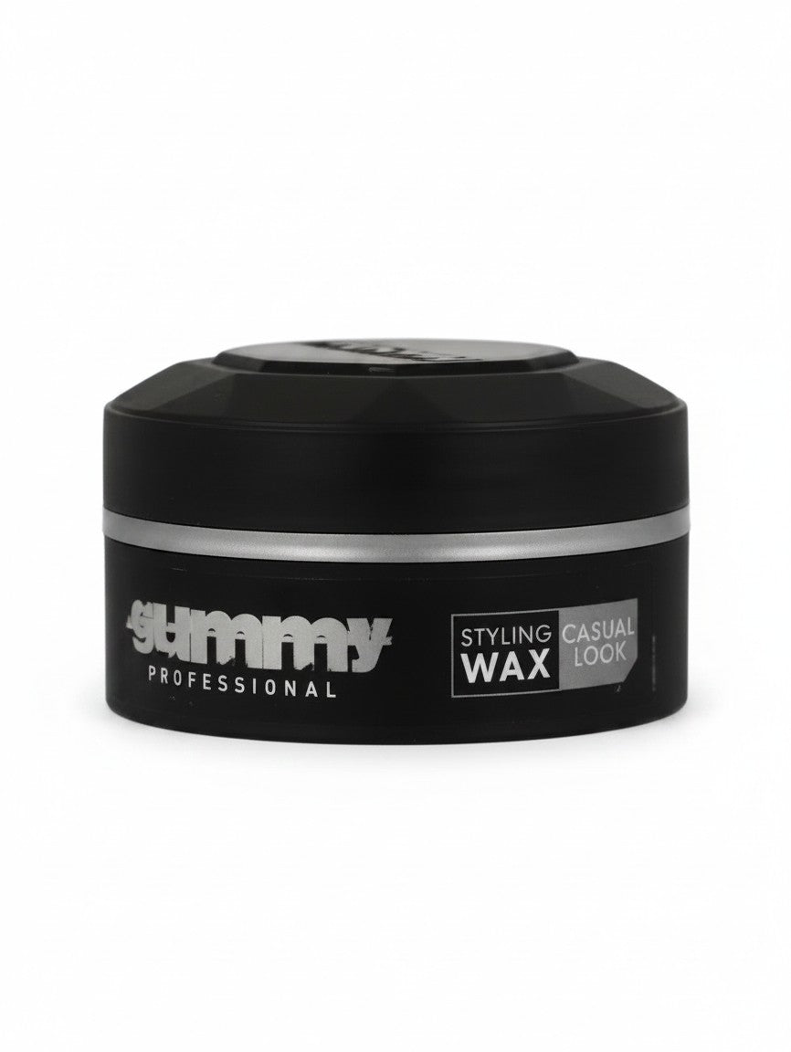 Zwarte pot Gummy Professional Styling Casual Wax met zilveren logo en tekst, voor een natuurlijke look en sterke fixatie.