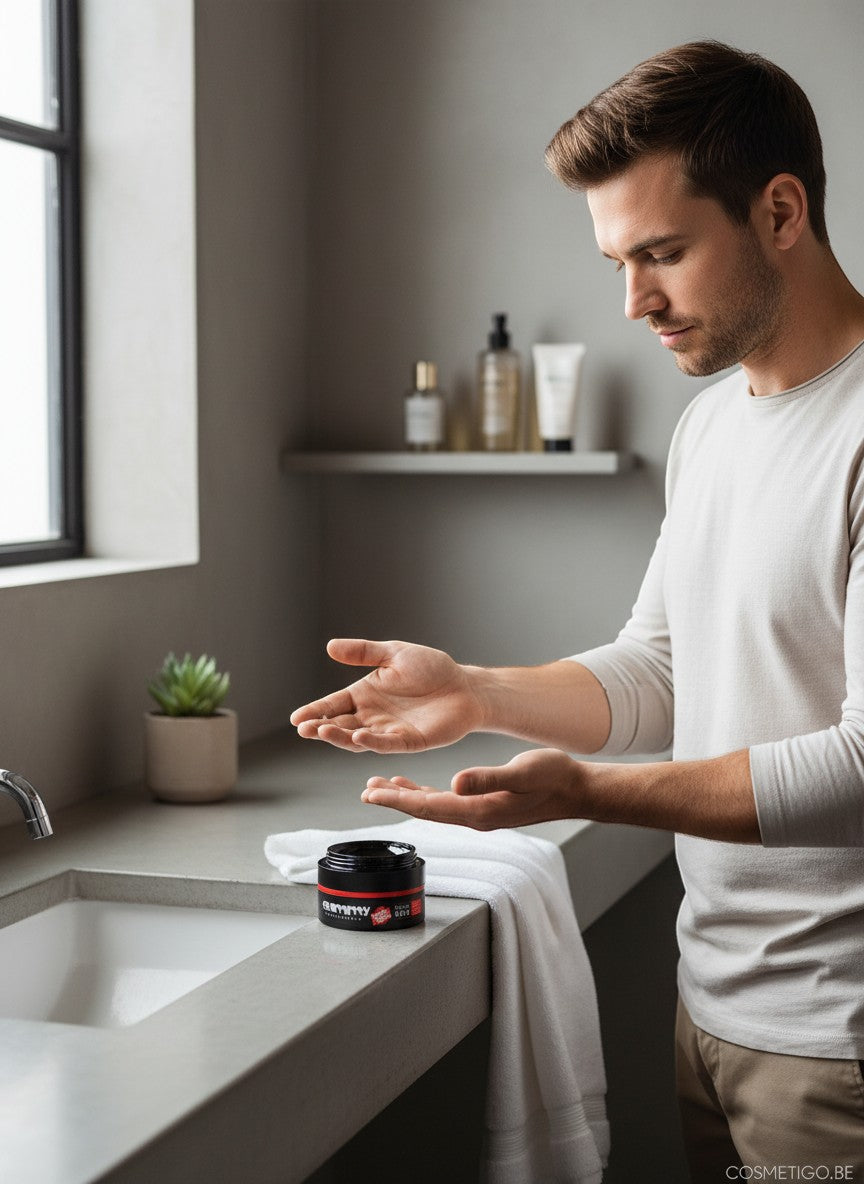 Man met bruin haar in een lichte trui die Gummy Professional Styling Wax Ultra Hold met Keratine Complex gebruikt in een badkamer.