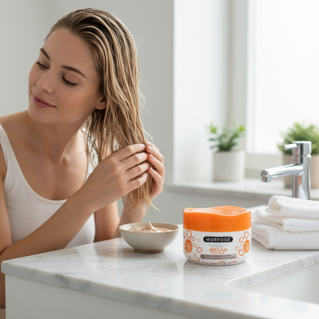 Vrouw met nat blond haar, brengt Morfose Argan Haarmasker aan. Oranje pot met haarmasker.