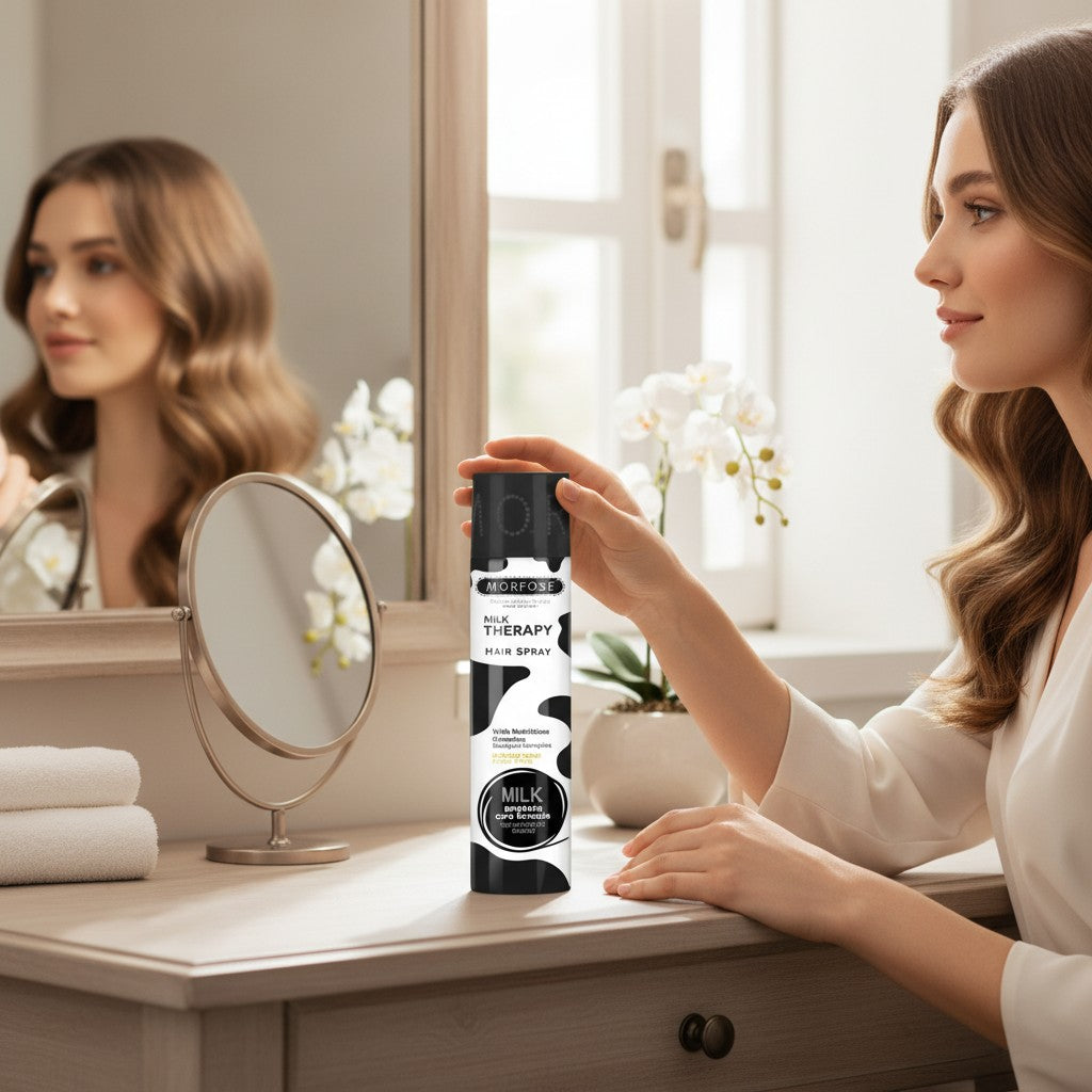 Morfose Milk Therapy Haarspray met flexibele hold, verrijkt met melkproteïnen, in een zwart-wit koeienvlekken fles.