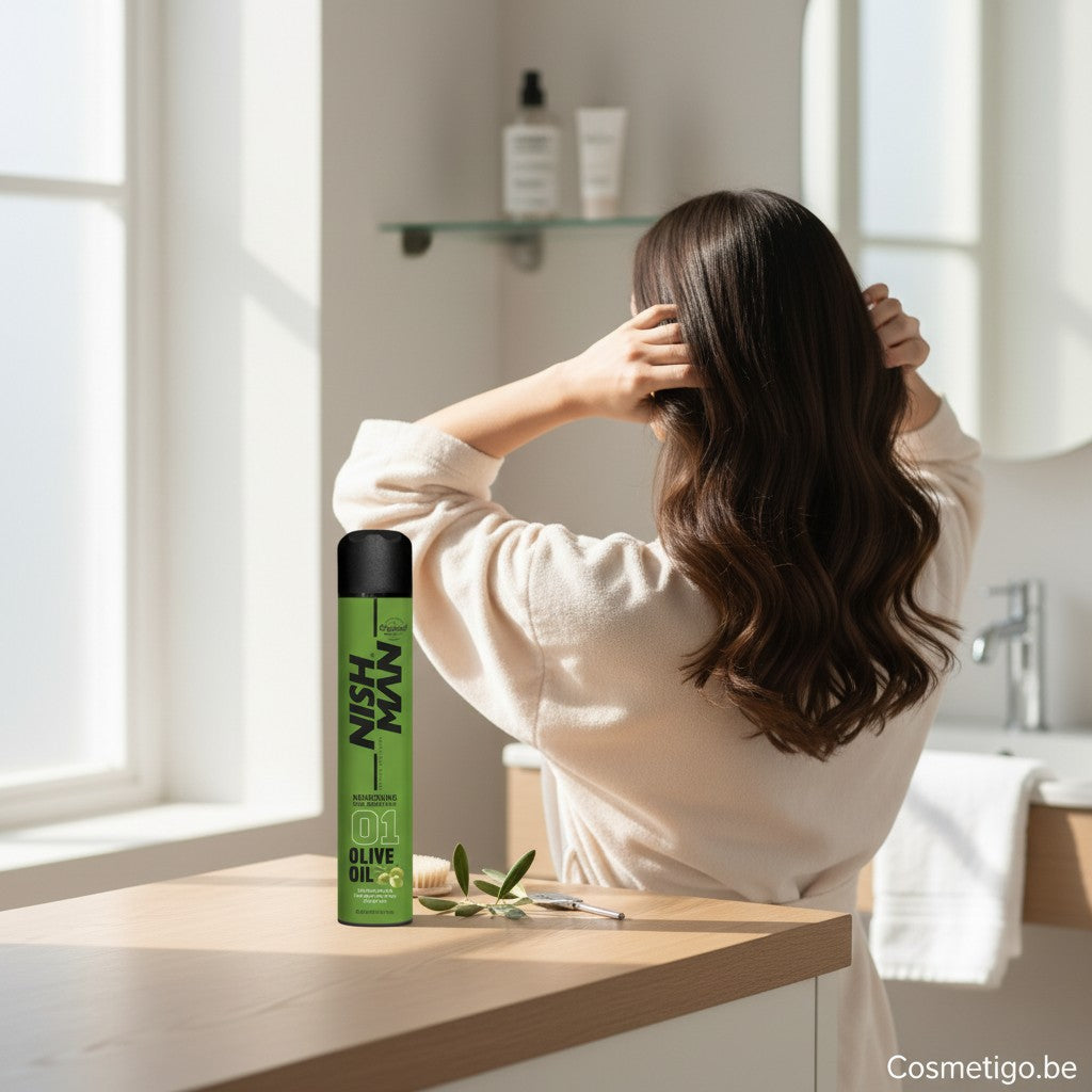 NISH MAN Nourishing Hair Sheen Spray with Olive Oil, 400ml, provides shine and control for dry hair.