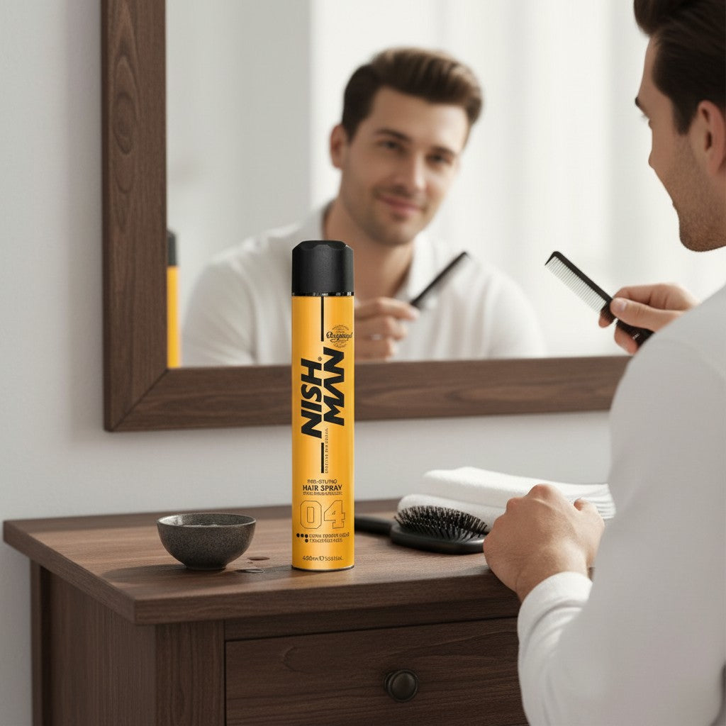 Cosmetigo.be Nish Man Pro Styling Hair Spray 04, 400ml, with extra strong hold and humidity resistance.