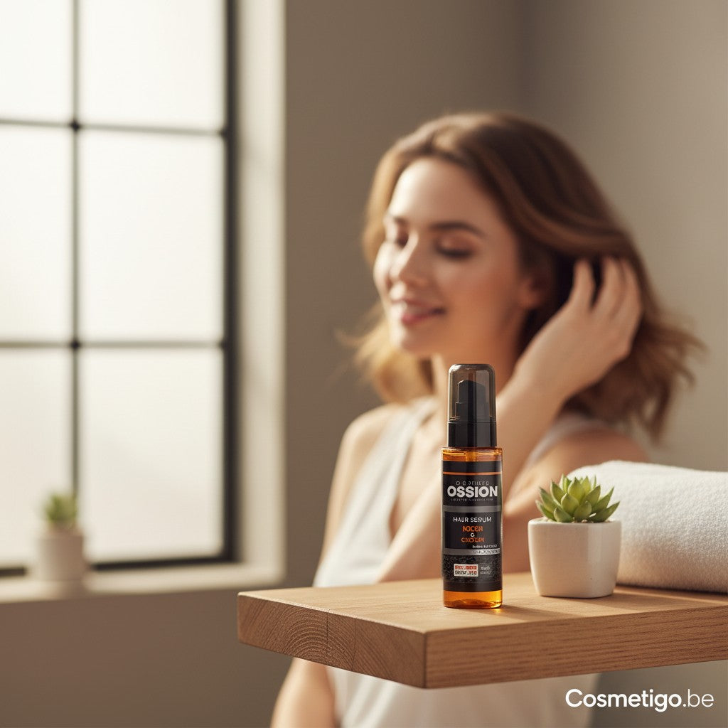 Ossion Haarserum met Argan & Keratine in een oranje flesje met pompje, voor glanzend en hersteld haar.