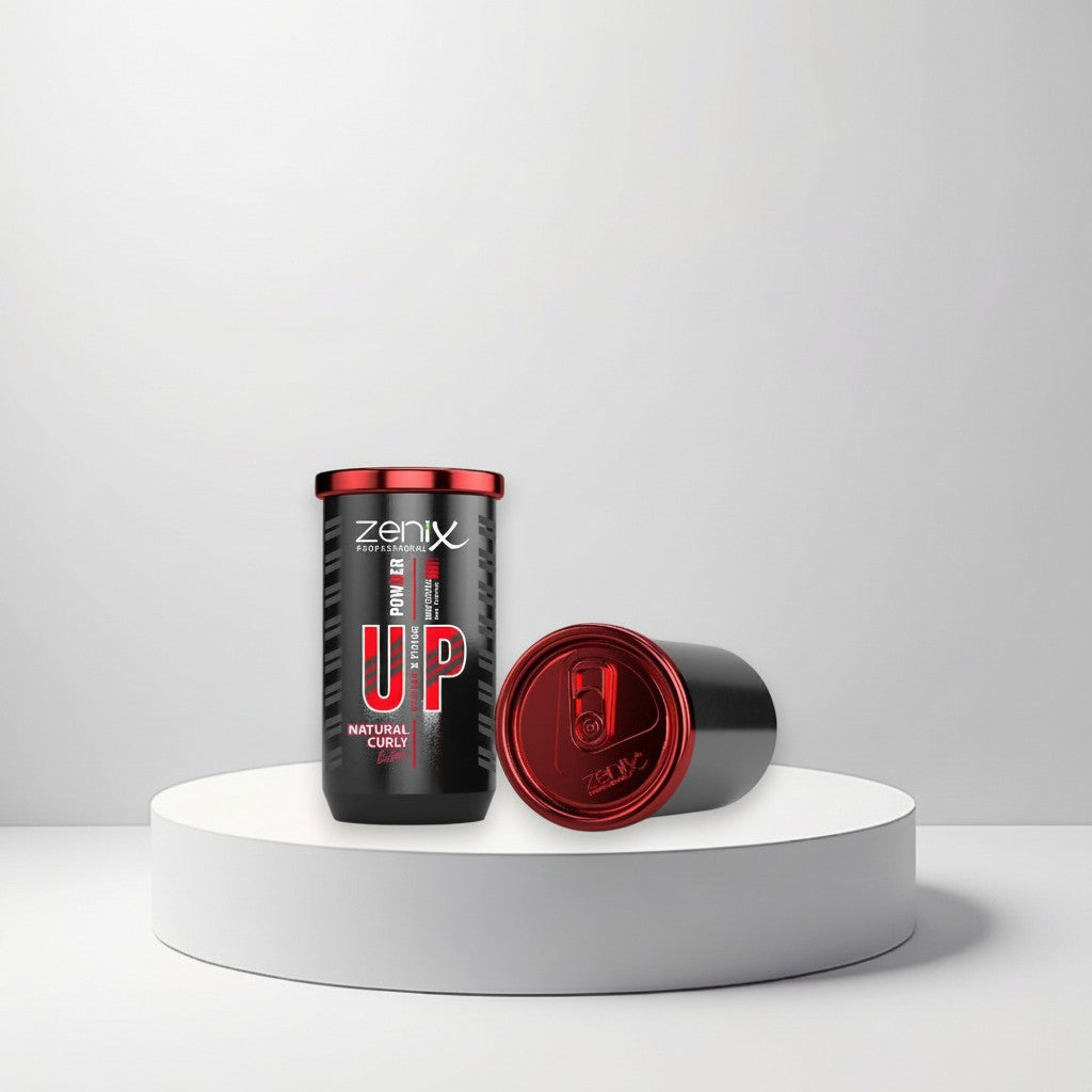 Zenix Professional Powder Up styling powder for natural curly hair, black can with red lid, provides volume and control.