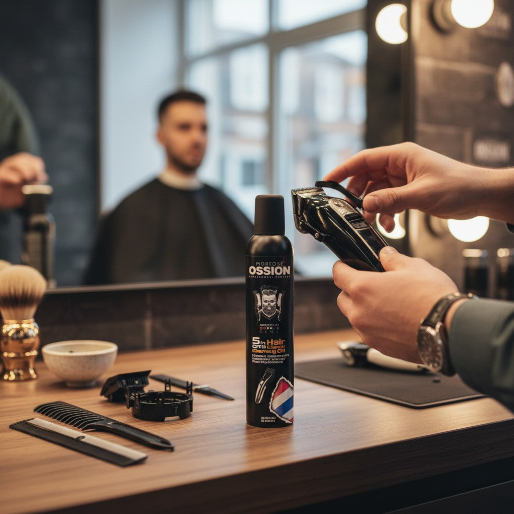 cosmetigo.be Morfose Ossion 5-in-1 tondeuse reinigingsolie in zwarte spuitbus, essentieel voor kappers.