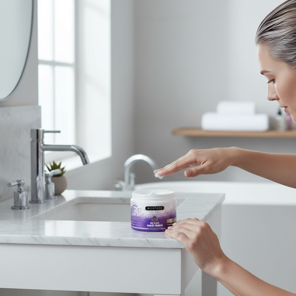 cosmetigo.be Morfose Silver Hair Mask pot met paarse details, anti-geel formule voor blond en grijs haar.