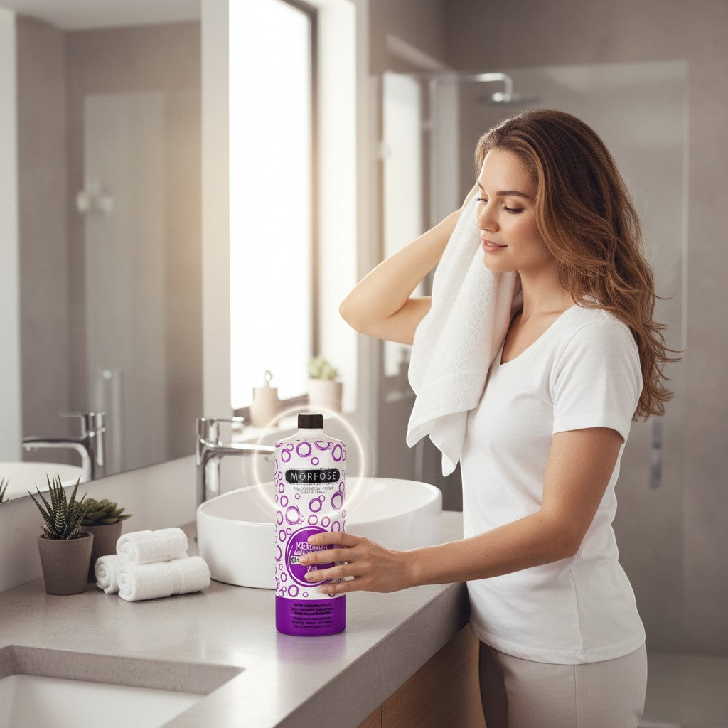cosmetigo.be Morfose Keratine 2-in-1 shampoo met keratine voor beschadigd haar, in een grote paarse fles.