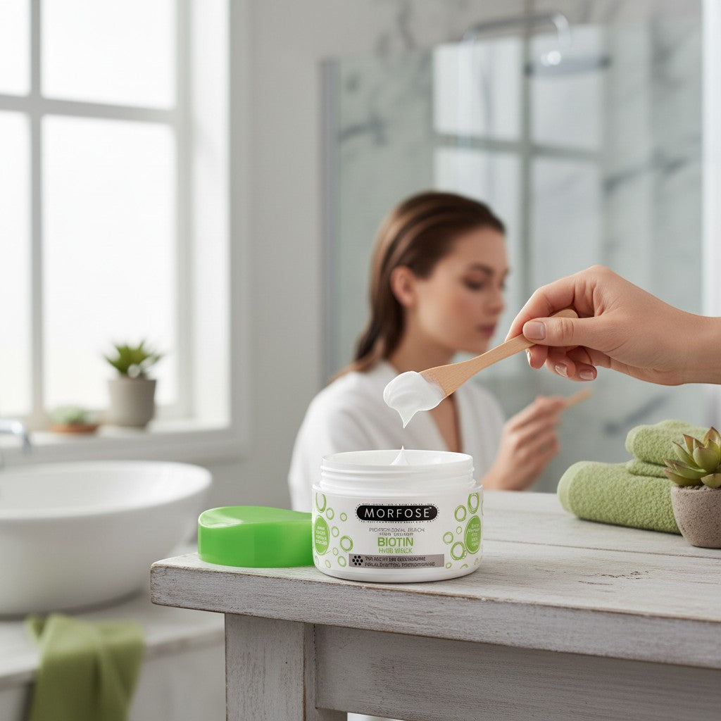 Cosmetigo.be Morfose Biotin Hair Mask in a white jar with a green lid, being scooped with a wooden spoon. A woman in a white robe is blurred in the background.
