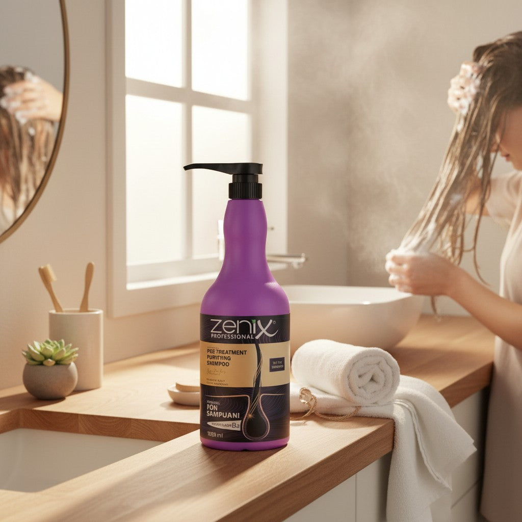 Cosmetigo.be Zenix Professional Pre-Treatment Purifying Shampoo bottle with pump, 1000ml, for deep cleansing before treatments.