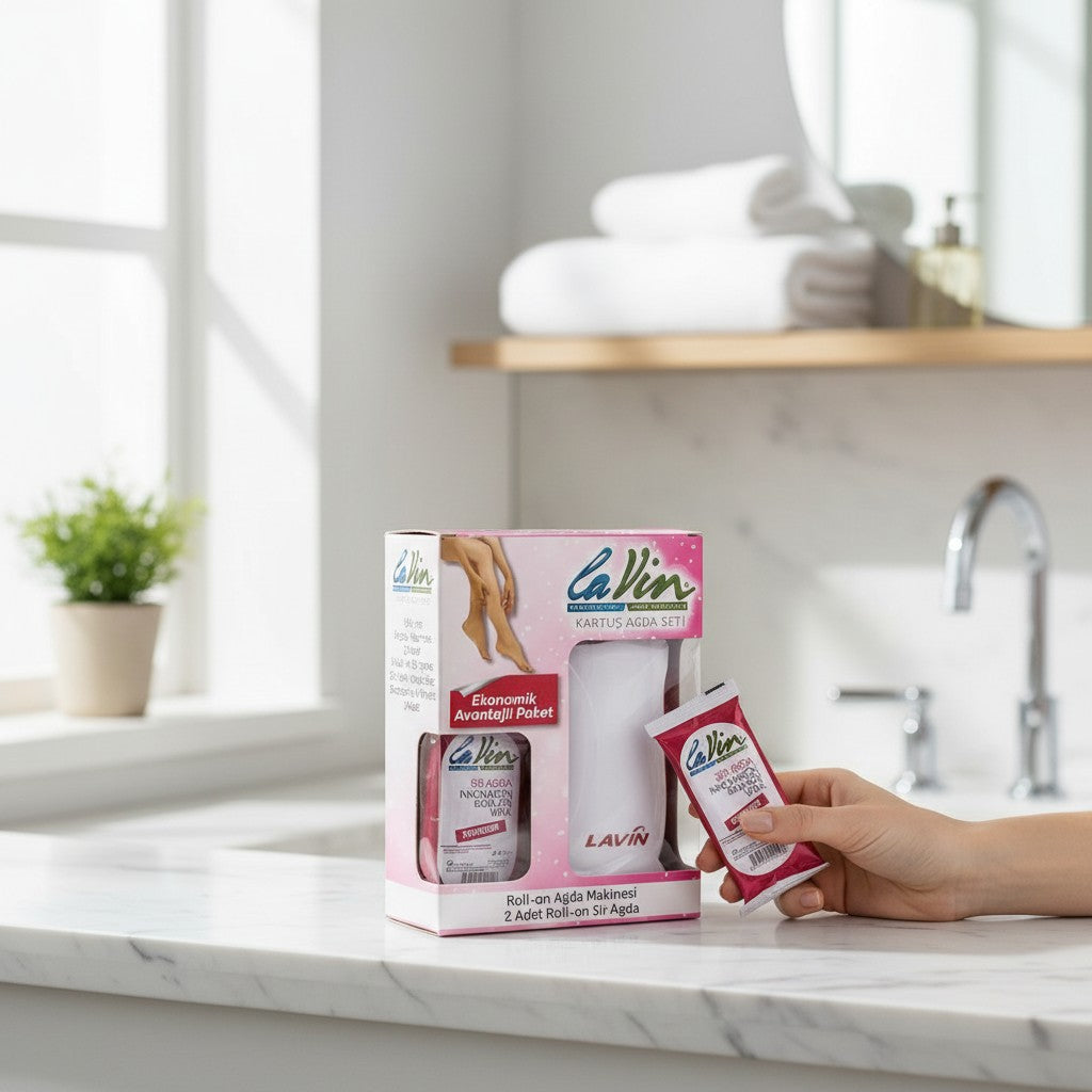 Cosmetigo.be Lavin roll-on wax warmer set with two powdered wax cartridges for smooth legs.