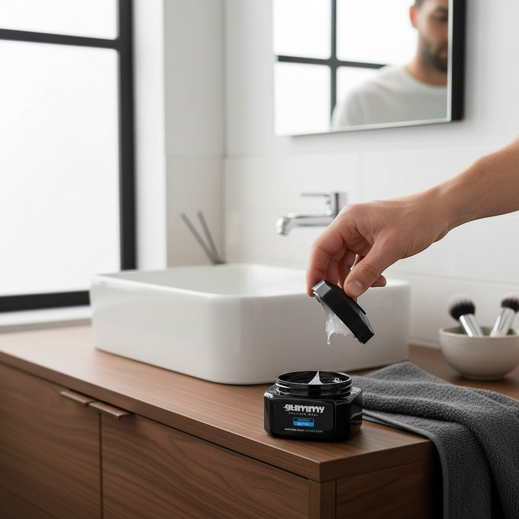 Cosmetigo.be Gummy Professional Hairgel Gel Wax, a man's hand opens the jar revealing a clear gel-wax with maximum hold for extreme hairstyles.