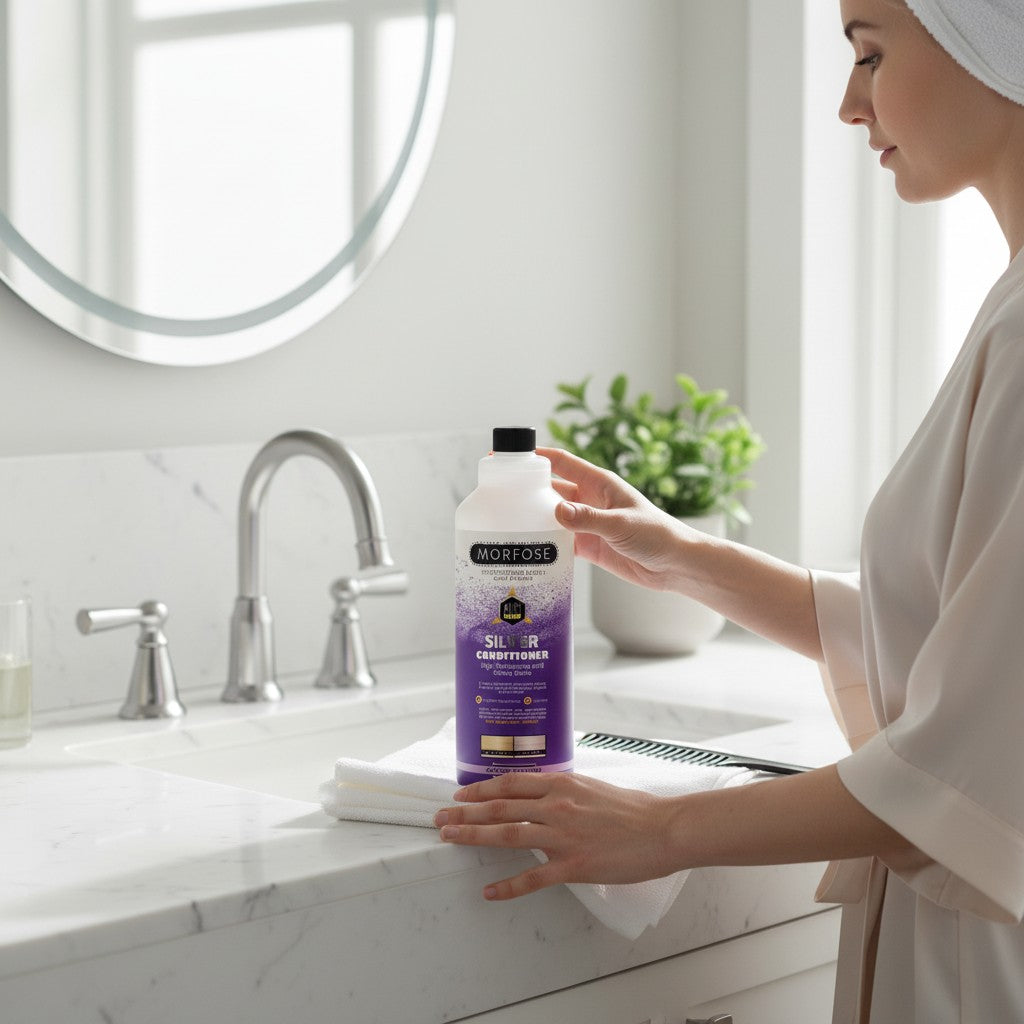Cosmetigo.be Morfose Anti Yellow Silver Conditioner, een paarse conditioner in een witte fles met een zwarte dop, voor blond en grijs haar.
