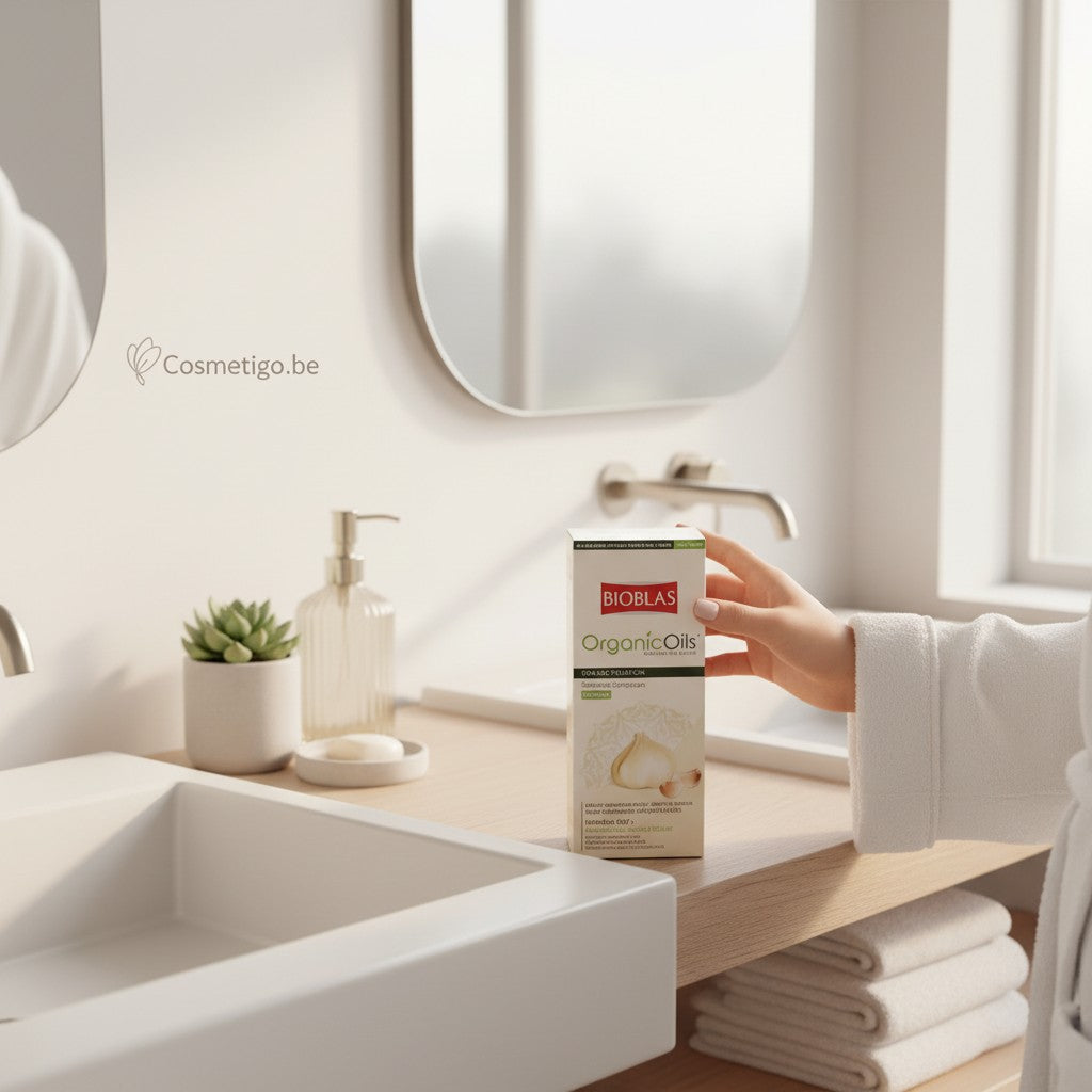 Cosmetigo.be Bioblas OrganicOils Garlic Shampoo, a fragrance-free formula designed to combat hair loss and promote hair vitality.