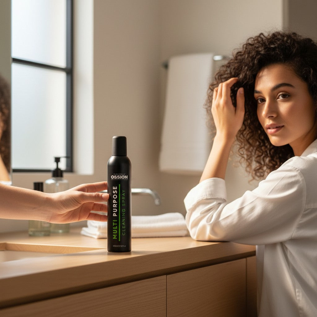 Cosmetigo.be Morfose Ossion Multi Purpose Cleaning Spray 300ml fles op een houten aanrecht in een badkamer.