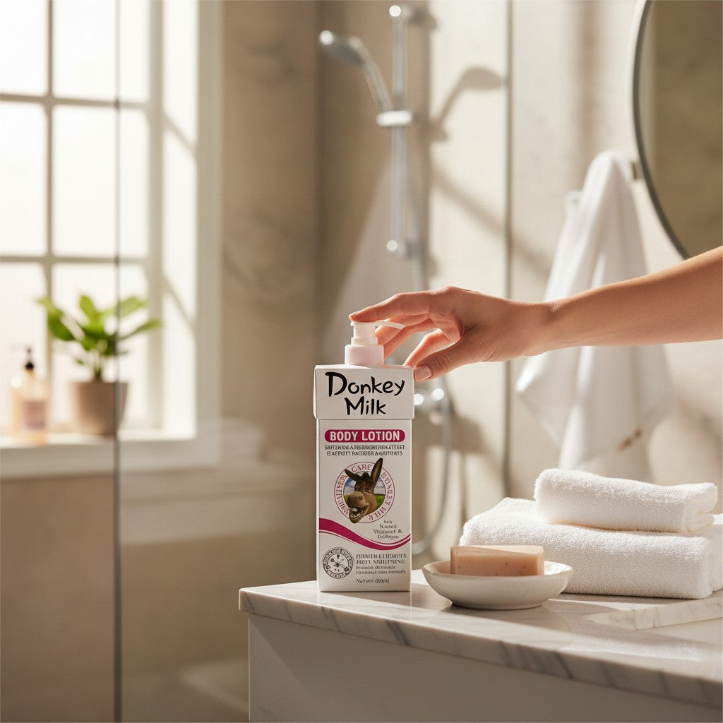 Cosmetigo.be Donkey Milk Body Lotion in a white pump bottle, with a hand pressing the pump. For softer, smoother, firmer skin.
