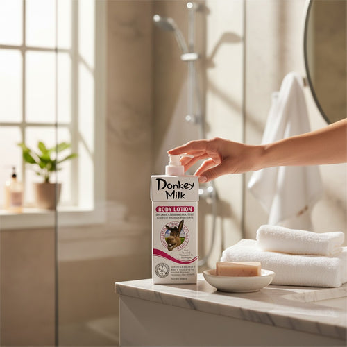 Cosmetigo.be Donkey Milk Body Lotion in a white pump bottle, with a hand pressing the pump. For softer, smoother, firmer skin.