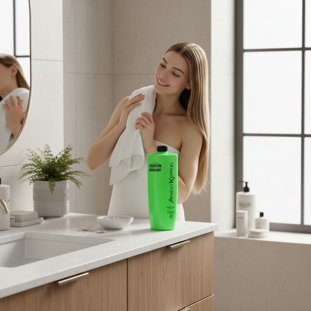 cosmetigo.be Morfose Ossion Amino Keratin shampoo in een grote groene fles, ideaal voor alle haartypes.