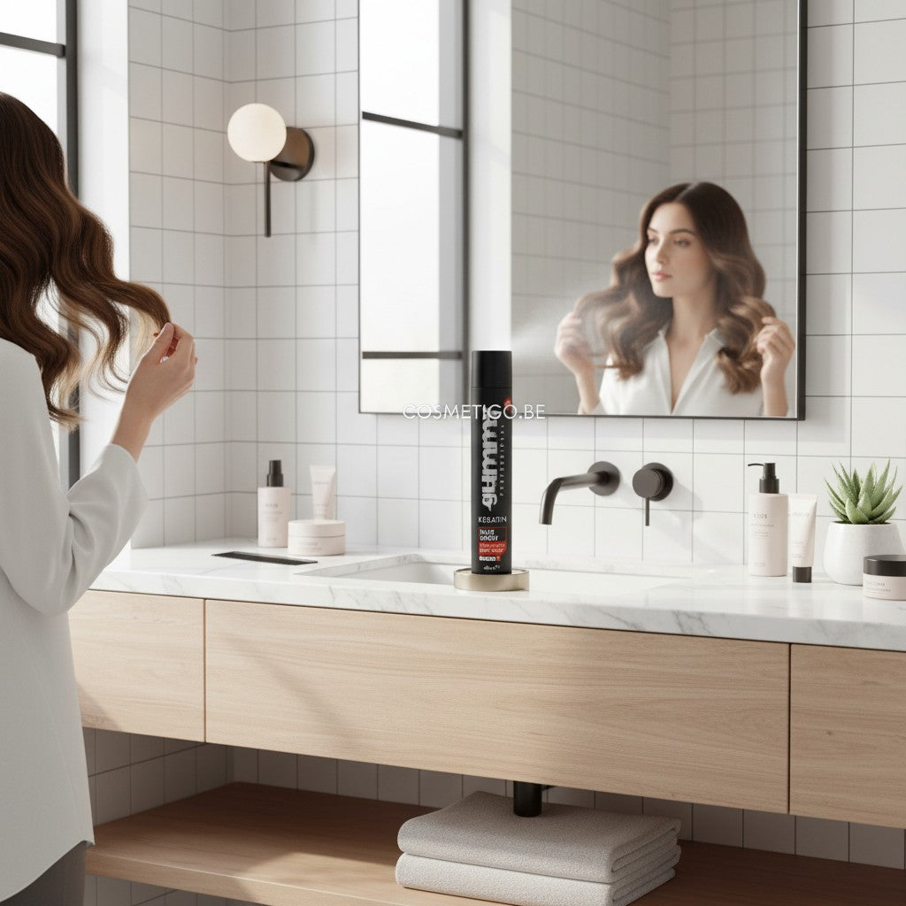 Cosmetigo.be Gummy Professional Keratine Haarspray met ultra sterke fixatie, ideaal voor complexe kapsels en glanzend haar.