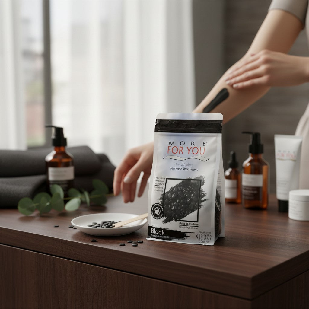 cosmetigo.be More For You black charcoal film wax beans for strip-free hair removal on body and sensitive areas.