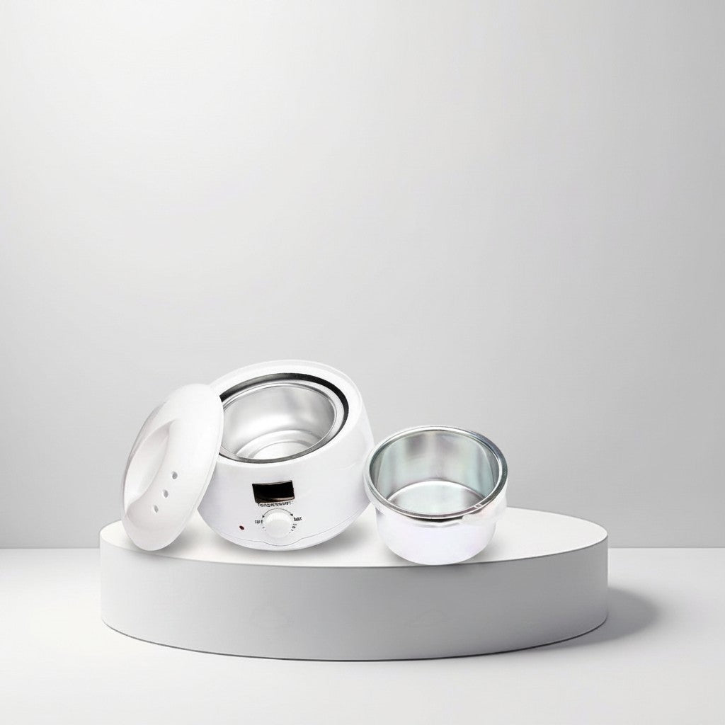 cosmetigo.be white adjustable temperature wax warmer with removable aluminum pot and lid, ideal for salon or home use.