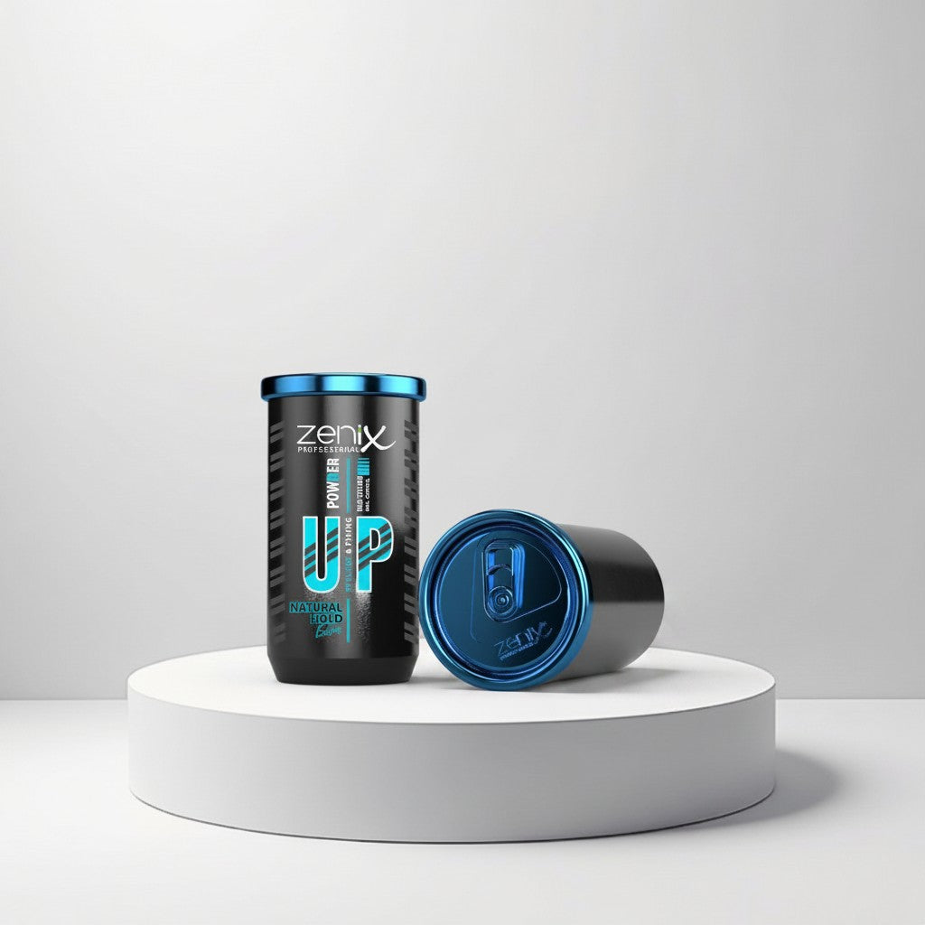 cosmetigo.be Zenix Professional Powder Up styling and fixing powder for volume and natural hold. Black can with blue lid.